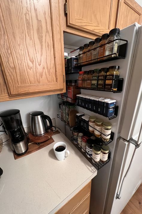 Low on pantry space? Finding creative, aestically styled solutions for our practical needs! https://amzn.to/3P07W2V #affiliate #organize #storage #solutions #pantry #kitchen #home #spices #newhouse #diy #ready to renovate #amazon Magnetic Spice Rack Ideas, Side Of Fridge, Fridge Shelf, Magnetic Shelf, Magnetic Spice Rack, Pantry Space, Diy Spice Rack, Spice Shelf, Fridge Shelves