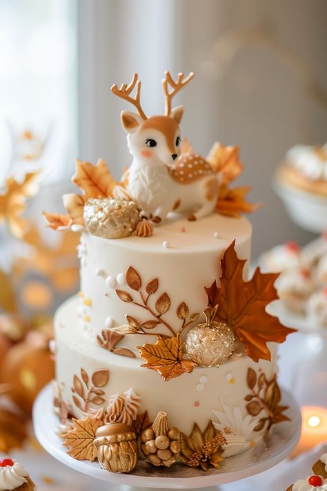 25 Easy Fall Baby Shower Cake Ideas - Barefoot Budgeting Fondant Fall Cakes, Fall Inspired Cake Decoration, Cake Fall Decoration, Thanksgiving Cake Flavors, Baby Shower Cake Gender Neutral, Fall Theme Cake Ideas, Fall Theme Baby Shower Cake, Pretty Fall Cakes, Baby Shower Fall Ideas