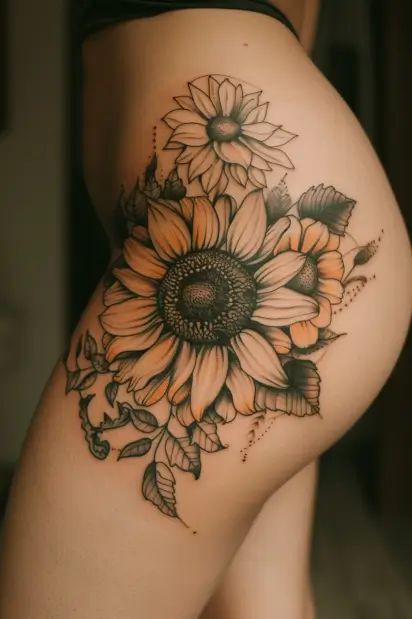 27+ Beautiful Sunflower Tattoo Ideas Hip Sunflower Tattoo, Women Sunflower Tattoos, Cool Flower Tattoos For Women, Tattoo Designs Sunflower, Bumblebee Sunflower Tattoo, Bee Strawberry Tattoo, Sunflower Tattoo On Black Women, Sunflower Leg Tattoos Women, Sunflower Lion Tattoo