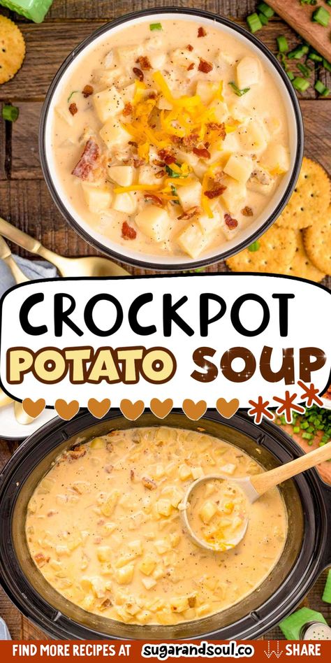 This Creamy Potato Soup is loaded with potatoes, bacon, cheese, heavy cream, and spices for an easy and flavorful crockpot meal the whole family will enjoy! Potato Soup With Cream Cheese, Potato Soup Loaded, Soup With Cream Cheese, Potato Soup Crockpot Recipes, Potato Soup Crock Pot Easy, Crockpot Potato Soup, Soup Potato, Crockpot Potato, Potato Bacon Soup