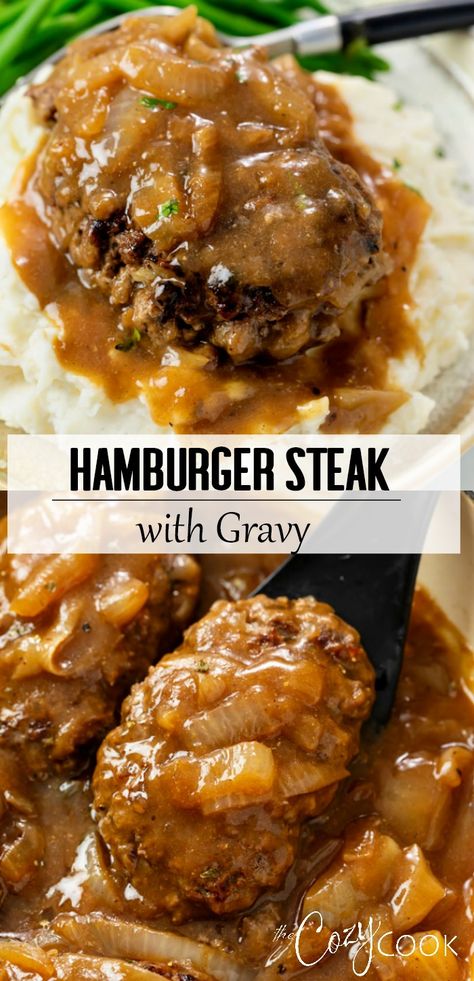 Steak With Gravy, Hamburger Steak Recipes, Steak And Gravy, Hamburger Steak And Gravy, Hamburger Dishes, Ground Beef Recipe, Salisbury Steak Recipes, Hamburger Steak, Hamburger Meat Recipes