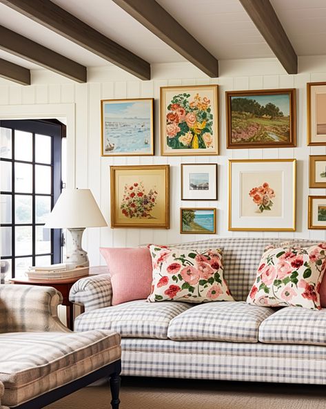 english country style living room | town and country living Cape Cod Cottage Living Room, Light Blue Walls In Living Room, Cottage Apartment Living Room, Small Living Room Ideas Wall Decor, Living Room Coffee Table Styling, Light And Bright Interior Design, Colorful Southern Living Room, How To Set Up A Living Room, Granny Millenial Decor