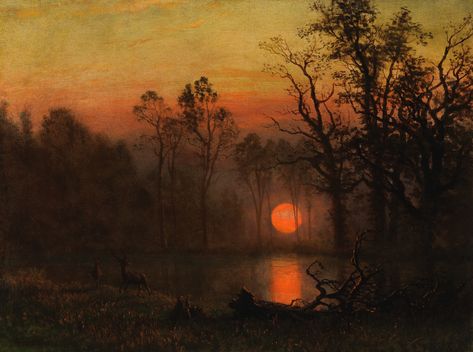 ALBERT BIERSTADT - Sunset Over the Plains; or Deer in a Sunset Landscape, 1887 Albert Bierstadt Paintings, Moose Pictures, Albert Bierstadt, Sunset Landscape, Arte Fantasy, Ethereal Art, Art And Illustration, Classical Art, Mini Canvas Art