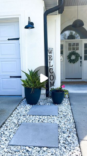 White Rocks Garden Ideas, Rock Filled Flower Beds, Gravel Side Of House, Simple Walkways To Front Door, Diy Xeriscape Front Yard, Side Walk Landscaping, White Rocks Landscaping Ideas, Raised Flower Beds In Front Of House, Concrete Front Yard