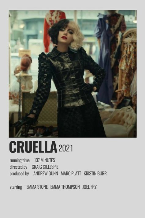 Cruella Polaroid Poster, Cruella Minimalist Poster, Minimalistic Film Posters, Movie Cards Ideas, Alternative Film Posters, Netflix Movies Poster, Cruella Movie Poster, Movie Polaroid Posters, Film Cards