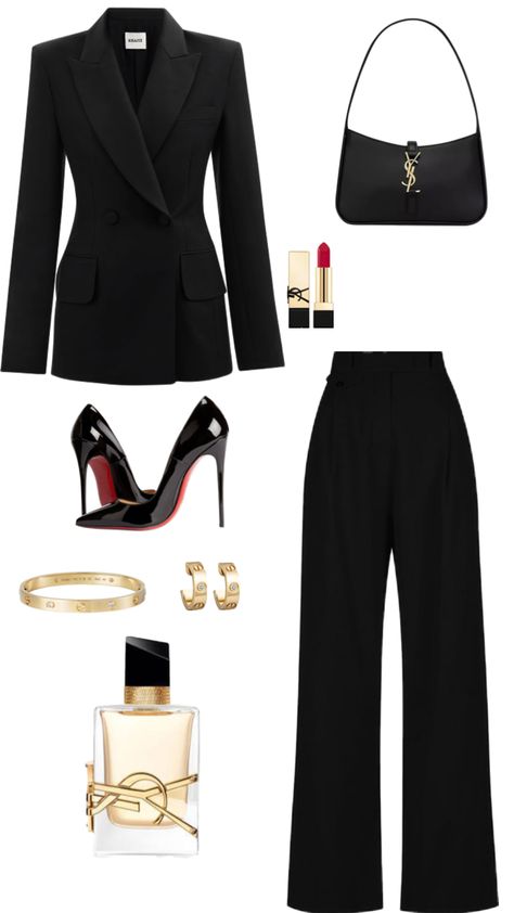 High Neck Black Top Outfits, Dark Feminine Outfits Formal, Ceo Aesthetic Woman Outfit Classy, Old Money Blazer Outfit, Bussnis Outfit Women, Mafia Outfit Ideas, Black Stylish Outfits, Ceo Outfit, Ysl Outfit