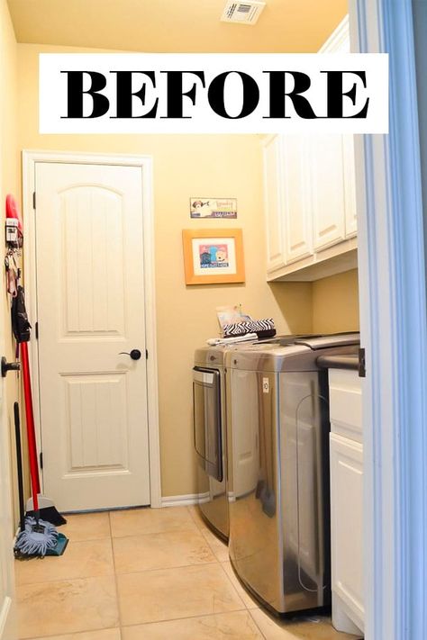 This small builder basic laundry room was beige and dysfunctional. You wouldn't believe what it looks like now after a total DIY renovation! Laundry Room Coat Closet Combo, Laundry Room With Black Door, Laundry Room Design With Sink And Storage, Small Laundry Room Wallpaper Ideas, Laundry Room Drop Zone Ideas, Laundry Room Ideas Garage Entry, Laundry Room Built In Cabinets, Small Laundry Room Ideas Top Loaders, Diy Utility Room