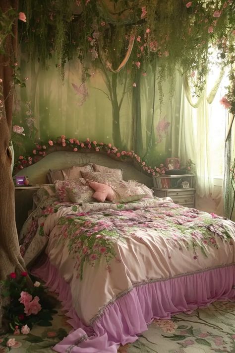 25 Magical Fairy Bedroom Ideas for a Touch of Whimsy - Roomy Retreat Fairy Bedroom Wallpaper, Floral Bedroom Aesthetic Vintage, Fairycore Bedroom Pink, Fairy Theme Bedroom Ideas, Rapunzel Bedroom Ideas, Magical Bedroom Ideas For Adults, Fairy Garden Room Ideas Bedrooms, Fairytale Bedroom Ideas For Adults, Flower Bedroom Aesthetic