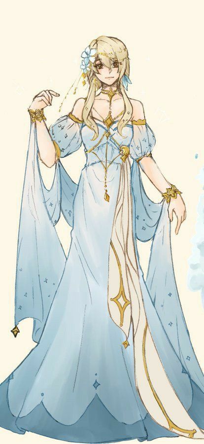 Lumine As A God, Lumine Dress Fanart, Lumine In A Dress, Lumine Outfit, Moon Goddess Dress, Princess Lumine, Fantasy Ballgown, Traveler Genshin, Ocean God