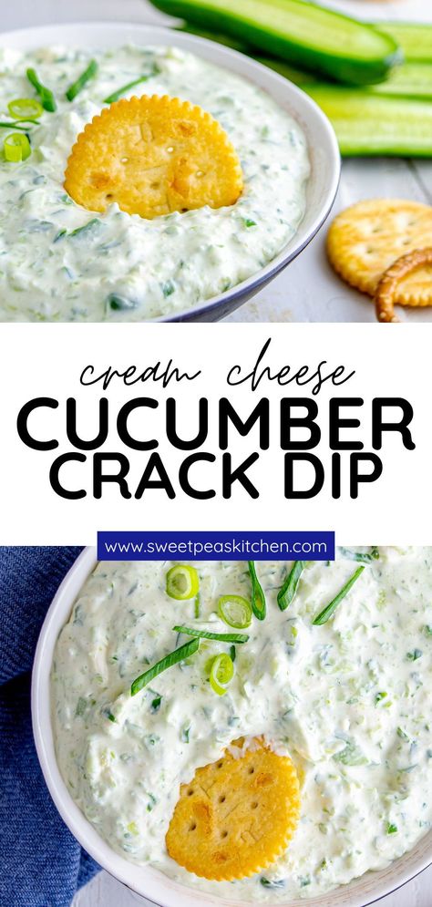 This creamy and refreshing Cucumber Cream Cheese Crack Dip is the perfect party appetizer or snack for any occasion. Its unique flavor profile is sure to please even the pickiest of eaters. Cucumber Party Appetizers, Dips And Salads, Cucumber Dip Recipe Cream Cheese, Cucumber Bites With Cream Cheese, Creamy Cucumber Dip, Deviled Egg Dip Cottage Cheese, Cucumber Cream Cheese Snack, Recipes To Use Up Cucumbers, Cucumber Cracker Dip