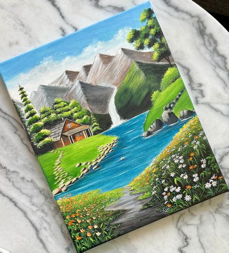 Swiss Bliss: Original acrylic landscape artwork Size 33 x 41 cm | 13" x 16" The serene beauty of mountains, waterfall and a field of delicate flowers is masterfully captured in this 33x41cm original acrylic artwork. The landscape painting is hand painted by me (Sanchari, shop owner) on high quality stretched canvas using high quality artist grade acrylic paints. The painting is inspired by my travel to Switzerland, where the mountains and the clear blue water took my breath away. I have tried ca Beautiful Painting Ideas On Canvas, Canvas Landscape Painting Acrylics, Landscape Paintings Mountain, Landscape Ideas Painting, Secret Garden Painting, Flower Landscape Painting, Nature Acrylic Painting, Travel To Switzerland, Landscape Painting Acrylic