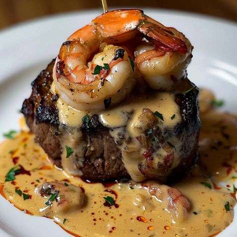 Filet Mignon with Shrimp and Lobster Cream Sauce Steak Michelin Star, Gourmet Dinner For One, Steak With Lobster Topping, Shrimp For Dinner Recipes, Food Recipes For Dinner Healthy Low Carb, Steak With Shrimp And Lobster Sauce, Fine Dining Salmon Recipes, Dinners He Will Love, Steak With Lobster Sauce