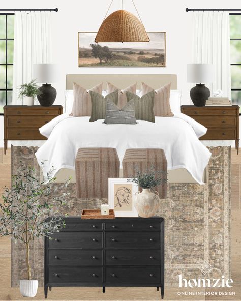 California Casual Bedroom Decor, Organic Modern King Bed, Studio Mcgee Neutral Bedroom, Master Bedrooms Decor Cozy Transitional, Mcgee And Co Guest Bedroom, Mixed Metals In Bedroom, Bedroom Two Dressers Layout, Mcgee And Co Primary Bedroom, Wall Art Above Nightstands