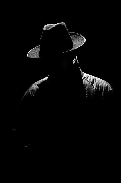 Silhouette Photography Men, Man Silhouette Aesthetic, Men In Black Aesthetic, Back Lighting Reference, Man In Darkness, Dark Men Aesthetic, Night Photography Aesthetic, Men With Hats, The Hat Man