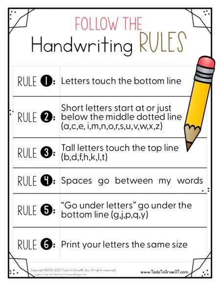 Handwriting Rules & Posters | Handwriting | Free Therapy Resources | Tools To Grow, Inc. Handwriting Rules, Occupational Therapy Handwriting, Cursive Writing Practice Sheets, Kindergarten Handwriting, Teaching Handwriting, Kids Handwriting Practice, Fonts Cursive, Cursive Practice, Handwriting Practice Worksheets