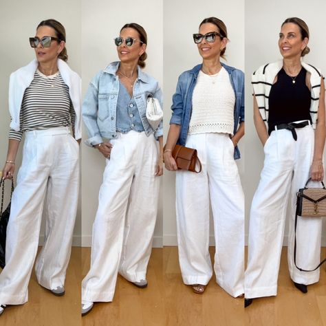 How To Style Linen Pants – Her Fashioned Life White Pants Outfit Linen, Linen Pants Styling, Casual Summer Trousers, Gray Linen Pants Outfit, How To Style White Linen Pants, Wide Linen Pants Outfit, Linen Wide Leg Pants Outfits, White Linen Pants Outfit Casual, White Dress Pants Outfit