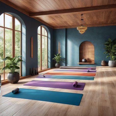 Namaste in this beautiful yoga room! Filled with natural light and warmth, this inviting space boasts wood floors and rolled up yoga mats ready for you to begin your practice. Would you practice yoga in this room? Let us know in the comments! Boho Chic Yoga Studio, Yoga Room Office, Yoga Studio Ceiling Ideas, Blue Yoga Studio, Yoga Studio Flooring, Yoga Basement, Colorful Yoga Studio, Boho Yoga Studio, Backyard Yoga Space