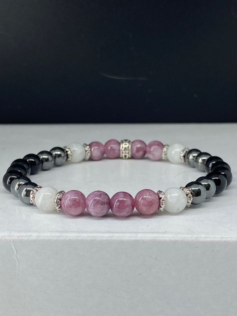 Lepidolite Hematite Black Tourmaline Moonstone Bracelet | Etsy Diy Black Beaded Bracelets, Beaded Wristlet, Semi Precious Stone Bracelet, Crystal Bead Jewelry, Healing Gemstone Bracelets, Reading Pa, Diy Bracelet Designs, Beads Bracelet Design, Moonstone Bracelet