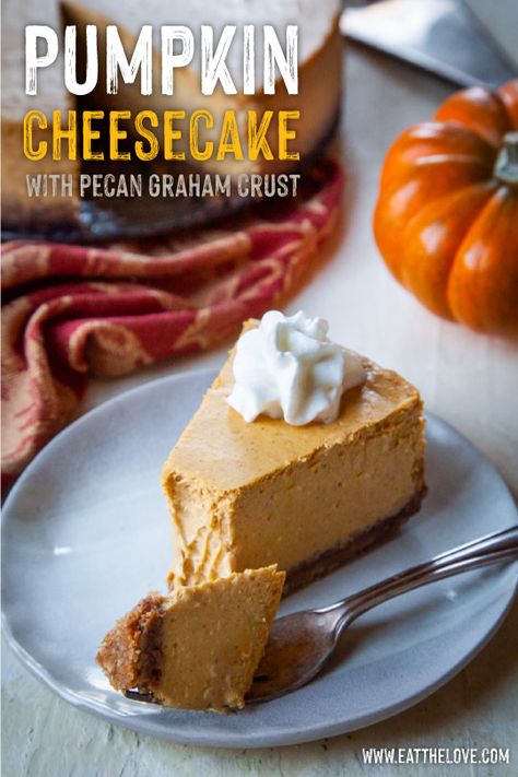 Pumpkin Cheesecake with Pecan Graham Cracker Crust Cheesecake Pecan, Thanksgiving Sweets, Cheesecake Pumpkin, Cheesecake With Whipped Cream, Pecan Crust, Cheesecake Pan, Pumpkin Pecan Pie, Custard Filling, Springform Pan