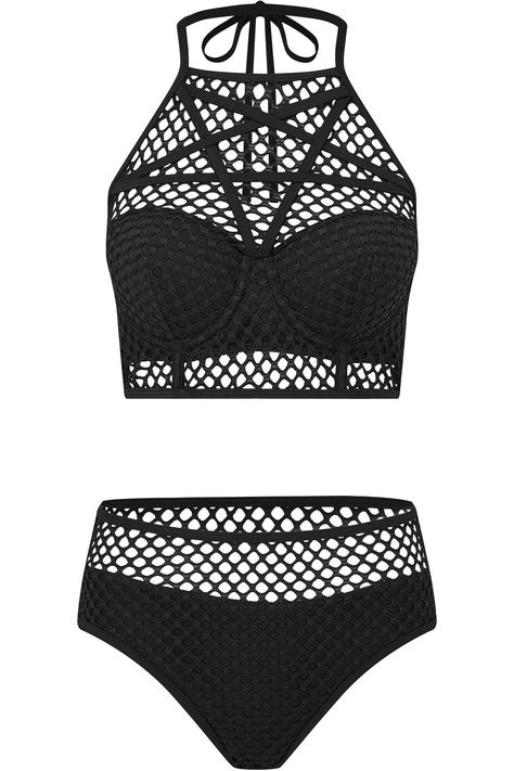 Goth Swimsuit, Swimsuit Ideas, Character Clothes, Anime Goth, Swimsuits Outfits, Black Fishnets, Cute Bathing Suits, Two Piece Swimsuit