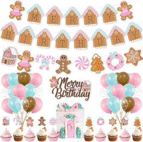 Christmas Birthday Decorations,Pink Gingerbread Man Merry Birthday Theme Banner Candy House Cake Topper Latex Balloons for Boys Girls Birthday Party Supplies Baby Shower #christmasbirthday #ad #pinkbirthday #pinkchristmas #merrybirthday #ginerbreadhouse #birthdaydecor December 3rd Birthday Party Ideas, Gingerbread House Birthday Cake, Gingerbread Theme Birthday Party, Girly Christmas Birthday Party, Kids Christmas Birthday Party Ideas, Gingerbread First Birthday, Ginger Bread Birthday Party Theme, Gingerbread Birthday Party Ideas, Gingerbread Birthday Party Food