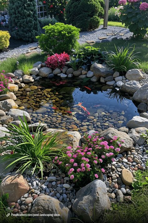 30 Truly Unique Pond Landscaping Ideas & Designs Garden Fish Pond Ideas, Koi Fish Pond Backyard, Pond In Backyard, Backyard Fish Pond Ideas, Mini Pond Ideas, Backyard Fish Pond, Pond Landscaping Ideas, Diy Backyard Pond, Fish Pond Ideas