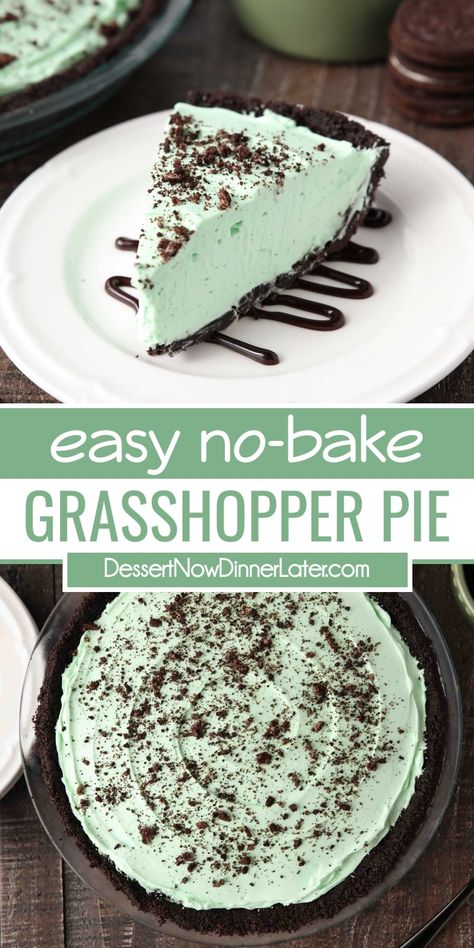 This Grasshopper Pie Recipe is completely no-bake with a minty cream cheese filling and Oreo crust. A non-alcoholic variation without marshmallows that's super simple to make. Mint chocolate lovers will enjoy this easy pie. Grasshopper Pie Recipe, Mint Pie, Summer Desserts Easy Healthy, Mint Desserts, Grasshopper Pie, Junior Mints, Healthy Summer Desserts, Frozen Pie, Chocolate Crust