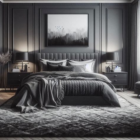 Black and Grey Bedroom Bedroom Ideas With Gray Furniture, Grey Bedroom Design Modern, Grey Contemporary Bedroom, Modern Queen Bedroom Ideas, Dark Grey Room Decor, All Grey Bedroom, Light Grey Bed Frame Bedroom Ideas, Charcoal Accent Wall Bedroom, Grey Cozy Bedroom