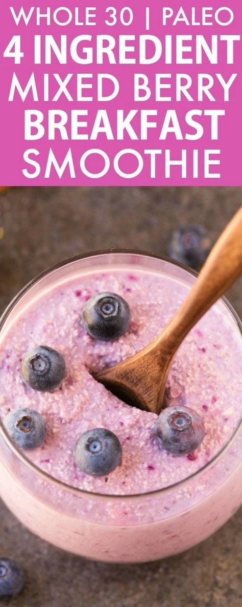 Healthy Mixed Berry Smoothie recipe WITHOUT yogurt- The perfect thick and creamy smoothie recipe that is whole30 approved, paleo and vegan! Mixed Berry Breakfast, Whole 30 Smoothies, Berry Breakfast Smoothie, Whole30 Recipe, Muffins Blueberry, Apricot Smoothie, Easy Breakfast Smoothies, Keto Smoothie Recipes, Mixed Berry Smoothie