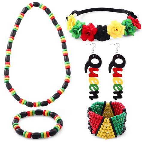 PRICES MAY VARY. African Accessories Set:1 triangular interphase of Jamaican bracelet, 1 small round bracelet, 1 red-black green yellow flower crown, 1 piece of Rasta bead necklace, 1 pair of African dangle earrings. Add your ethnic touch with these African jewels for women and girls. Carefully Selected Materials: The Rasta bead necklace and Jamaican bracelet are mainly made of wooden beads, the flower crown headband is mainly made of polyester and elastic and the African women's earrings are ma Yellow Flower Crown, African Gifts, African Map, Round Bracelet, African Accessories, Flower Crown Headband, African Earrings, Women's Jewelry Sets, Crown Headband