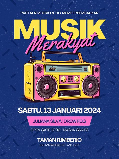 Get ready to groove to the beats of nostalgia at our cheerful Retro Music Concert! Join us for a colorful evening filled with classic tunes and vibrant energy. Let's make memories together in shades of Blue, Pink, and Yellow! Poster Konser, Posters Layout, Graphic Design Posters Layout, Poster Layout, Vibrant Energy, Make Memories, Music Concert, Retro Music, Design Posters