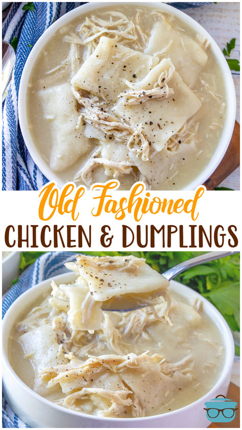 Old-Fashioned Chicken and Dumplings is a super simple recipe. Flat strips of dough simmered in a yummy broth with tender chicken. Chicken And Dumplin Recipe, Easy Chicken Dumpling Recipes, Dumplin Recipe, Best Chicken And Dumplings, Chicken Dumplings Recipe, Homemade Chicken And Dumplings, Dumpling Soup, Homemade Dumplings, Dumplings For Soup