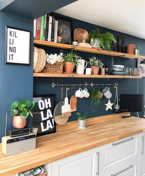 Blue Kitchen Walls, Blue Kitchen Designs, Kitchen Revamp, Dreamy Decor, Side Return, Modern Shelving, Kitchen Cabinet Colors, Kitchen Color, Blue Kitchens