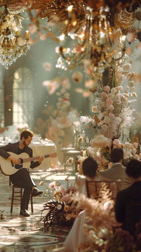 A romantic scene with a guitarist playing an acoustic guitar at a wedding ceremony, surrounded by elegant decorations and happy guests. Wedding Music, Wedding Songs, Guitar Songs, Your Special, Wedding Shoot, Classical Music, On Your Wedding Day, Romantic Wedding, Garden Wedding