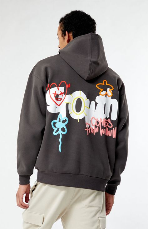 Step up your hoodie game with the Home Grown Hoodie from PacSun. This hoodie features a fixed hood, long sleeves, a kangaroo pocket, a standard fit, and a soft fleece fabrication for ultimate comfort. The puff graphics on the front and back add a touch of style, making it the perfect choice for a cozy and trendy look.   	Hooded neckline 	Long sleeves 	Standard fit 	Kangaroo pocket 	Puff graphics front & back 	50% Cotton, 50% polyester 	Machine washable 	Model is wearing size medium 	Model Measurements: 6'2” Height, 28" Waist, 32” Inseam Sleeve Print Hoodie, Multi Colored Hoodie, Sweatshirts For Men Casual Styles, Trending Hoodie Designs, Men’s Graphic Hoodie, Back Of Sweatshirt Designs, Men Hoodies Aesthetic, Graphic Hoodies Men, Aesthetic Hoodies Men