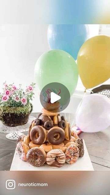 Donut Party Cake Ideas, Donut Cake Ideas Birthday Parties, Stacked Donut Cake, Donut Stack Birthday Cake, Donut Cakes Birthday, Donut Tower Cake Birthday, Doughnut Cake Tower, Donut Birthday Cake Ideas, Donuts Cake Birthday