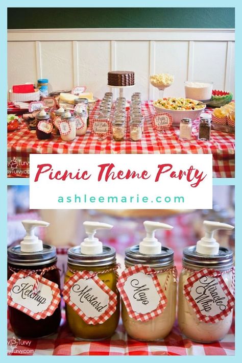 Picnic Theme Centerpiece Ideas, Picnic Themed Food, Picnic Theme Food Ideas, Picnic Theme Luncheon, Picnic Theme Party Favors, Bbq Picnic Birthday Party, Bbq Picnic Ideas Backyard Parties, Summer Picnic Theme Party, Picnic Teacher Appreciation Theme