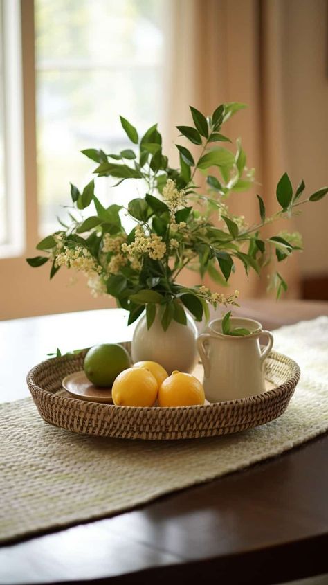 Bring the outdoors in with dining table centerpiece ideas farmhouse, inspired by nature and rustic living. These centerpieces create a homely and inviting atmosphere, perfect for gatherings and everyday meals alike. Round Table Centerpieces For Home Farmhouse, Cottage Dining Table Centerpiece, Country Dining Table Centerpieces, Centrepiece Ideas For Dining Table, Dining Room Table Tray Decor, Round Dining Table Styling Centerpieces, Dining Table Styling Centerpieces, Table Centerpieces For Home Everyday, Dining Table Centrepiece Ideas