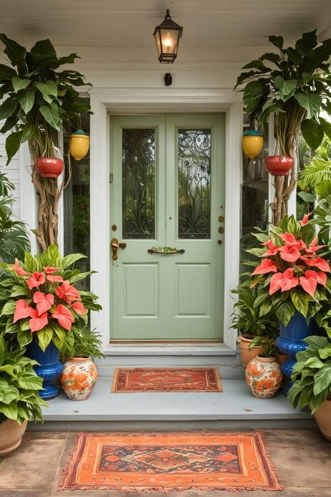 How to Make Your Front Porch Pop with These 20 Flower Pot Ideas – The Crafty Hacks Potted Front Yard Landscaping, Porch Flower Arrangements, Front Porch Potted Plant Ideas, Florida Front Porch, Rustic Porches, Small Front Porch Ideas Entrance, Flower Pot Arrangements, Pot Arrangements, Front Porch Flower Pots