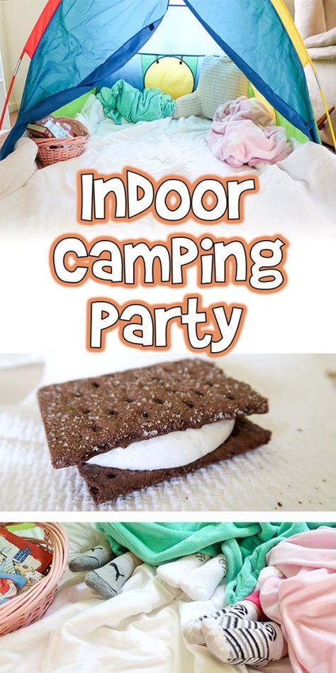 Camping Inside With Kids, Indoor Camping Sleepover Party, Inside Camping Ideas For Kids, Living Room Campout Kids, Indoor Camping Activities, Indoor Camping Ideas For Kids, Indoor Camping Ideas, Virtual Sleepover, Camping Party Activities