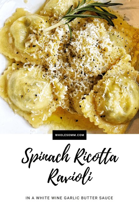 Spinach Ricotta Filling, Spinach And Ricotta Tortellini, Spinach Ricotta Ravioli, Ravioli Sauce Recipe, Ravioli Recipe Homemade, Wine Butter Sauce, Spinach And Ricotta Ravioli, White Wine Butter Sauce, Ricotta Ravioli