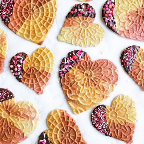 Vanilla / Strawberry Pizzelle Hearts Dried Fruit Cookies, Raspberry Powder, Pizzelle Cookies, Pizzelle Recipe, Kentucky Butter Cake, Strawberry Powder, Fruit Cookies, Cookie Table, Pink Food Coloring