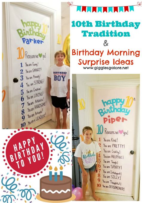 Fun 10th birthday tradition & birthday morning surprise ideas to help you celebrate double digits! #birthdayidea #birthday #birthdaytraditions Birthday Morning Surprise Ideas, Birthday Surprise Ideas, Birthday Surprise Kids, Surprise Ideas, Birthday Morning Surprise, Birthday Door, Birthday Morning, Birthday Countdown, Tenth Birthday