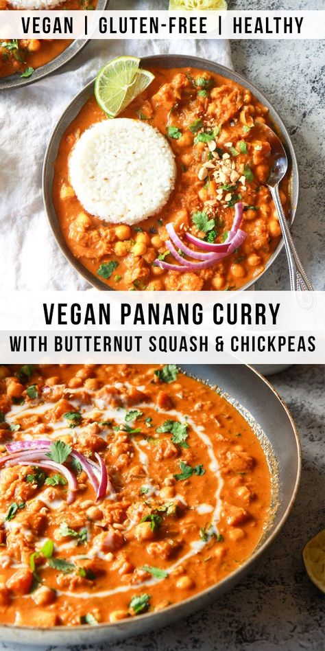 This #vegan butternut squash & chickpea panang curry is a sweet, peanut flavored curry, inspired by the classic Thai dish. This vegan Thai peanut curry uses vegan #panang #curry paste, peanut butter, and coconut milk to create a rich and creamy base. This plant based curry uses chickpea and butternut squash instead of meat. Gluten-free with an oil-free option. Vegetarian Panang Curry, Panang Curry Vegetarian, Ostara 2023, Vegan Panang Curry, Thai Peanut Curry, Butternut Curry, Panang Curry Paste, Butternut Squash Curry, Vegan Butternut Squash