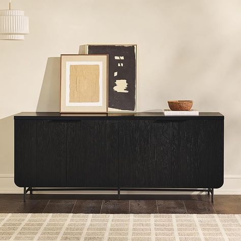 Walker Edison Scandinavian Grooved 4-Door Sideboard, 69 Inch, Black #commissionsearned Scandinavian Tv Stand, Sideboard Scandinavian, Solid Wood Tv Stand, Black Sideboard, Walker Edison, Tv Sideboard, Modern Sideboard, Tv Stand Wood, Solid Hardwood Floors