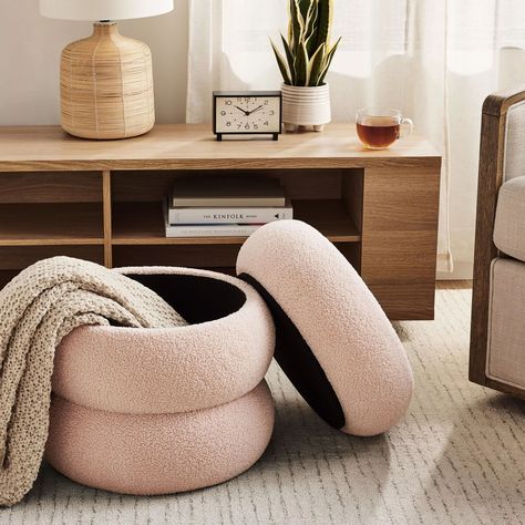 In love with this cute little corner 😍😍 That boucle ottoman is such a great find! It had quite a bit of storage, comes in three colors + could even work well in a dorm room. The fabric storage bins come in lots of colors too! Linking it all over in my LTK shop here. #girlsbedroom #biggirlroom #girlsroomdecor #storageottoman Modern Boho Bedroom Storage, Cute And Cozy Home Decor, Pink Grey Room Decor, Things To Buy For Apartment, Save Or Splurge Furniture, Seating For Small Bedroom, Wavy Room Decor, Boho Decor For Bedroom, Vanity Stool With Storage