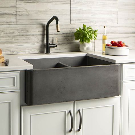 Farmhouse Double Bowl is a hard-working kitchen sink with two deep basins and simple maintenance. Installs as apron front or behind the counter. Concrete Farmhouse Sink, Concrete Kitchen Sink, Concrete Kitchens, Concrete Farmhouse, Apron Front Kitchen Sink, Double Kitchen Sink, Apron Sink Kitchen, Apron Front Sink, Farmhouse Aprons