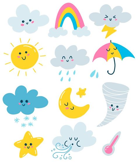 Weather Symbols, Weather Icons, Farm Crafts, Doodle Illustration, Flat Vector, Art Wall Kids, School Crafts, Cute Cartoon Wallpapers, School Activities