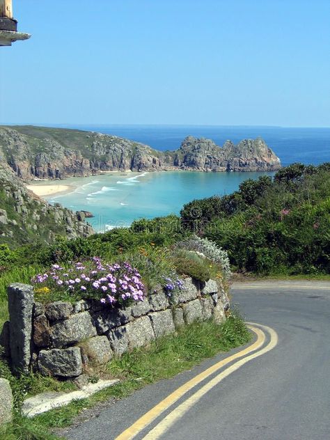 Coast road, Cornwall. Photo about cliffs, coast, summer, view, cornwall, waves, flowers, road, countryside, lane, surf, beach, cove, england - 12417698 Ireland Countryside, Cornwall Beaches, England Countryside, Devon And Cornwall, Image Nature, Cornwall England, Kew Gardens, English Countryside, England Travel