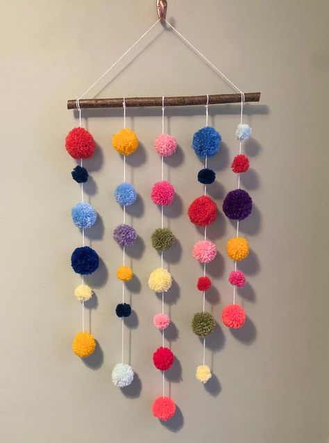 Vibrant Multicoloured Pom Pom Wall Hanging Boho Home Decor Handmade Wall Art Rainbow - Etsy Pom Pom Wall Art, Pom Pom Wall Hanging, Pom Pom Wall, Pompon Diy, Diy Pom Pom, Handmade Wall Hanging, Pom Pom Garland, Handmade Wall Art, Nursery Room Decor